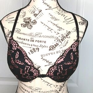 NWOT La Senza 32D Plunge Bra Molded Cups Black Pink Lace Underwire Racer Back